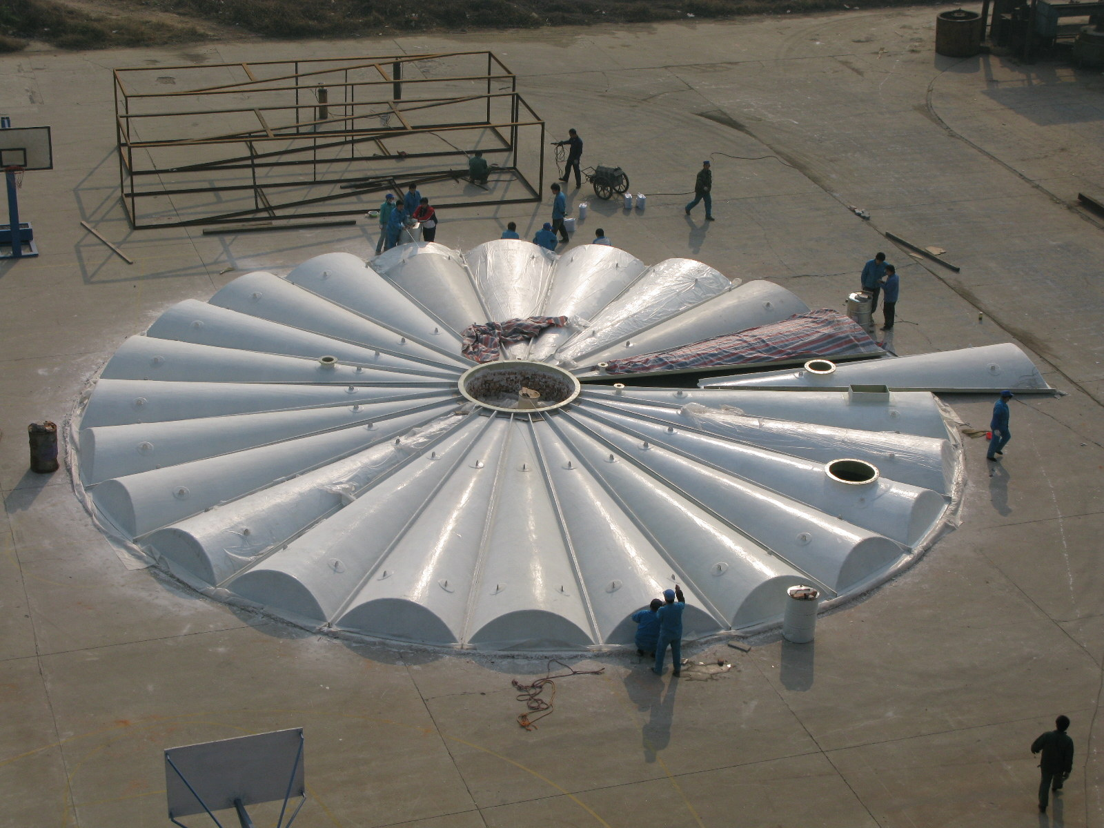 Segmented FRP thickener cover trial-assembled in the yard before shipment